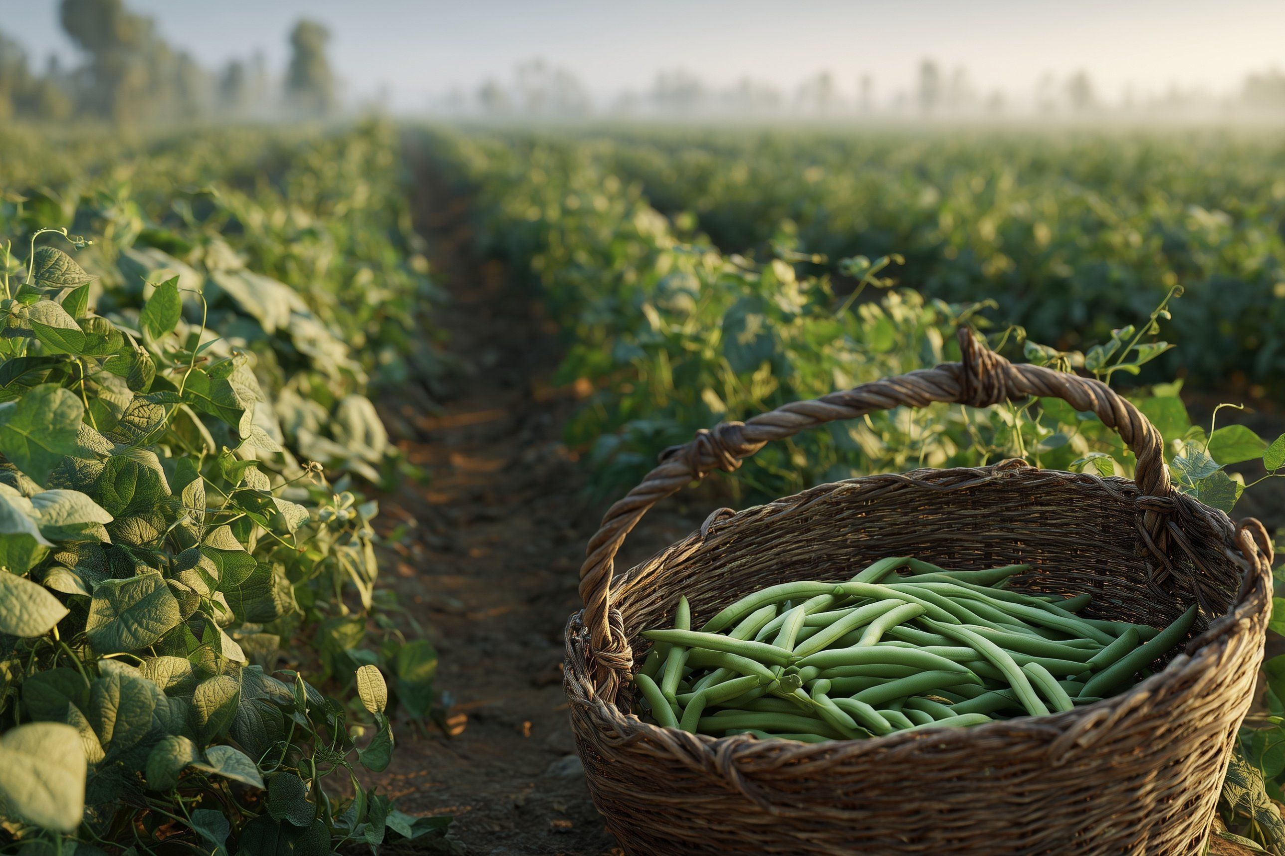 Green beans harvested in a basket in a spring field