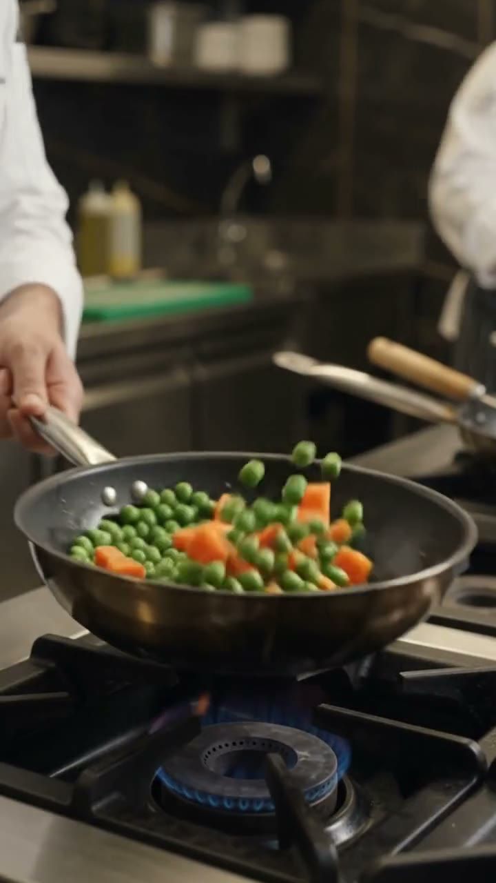 Frozen vegetables cooking in a restaurant kitchen